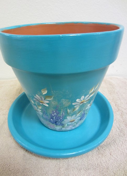 Blue Painted Pot with white flowers