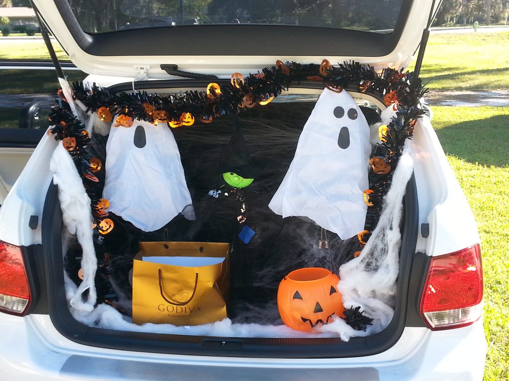 trunk of car decorated for Halloween